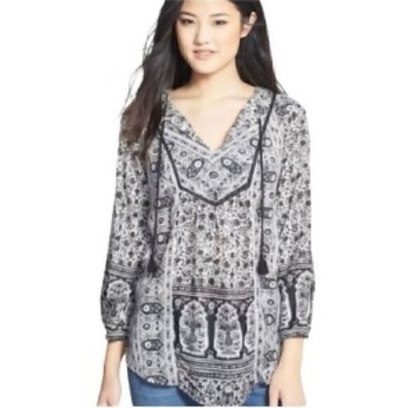 Lucky Brand Long Sleeve Tie Front Boho Top Black/White Design Small - Picture 1 of 13